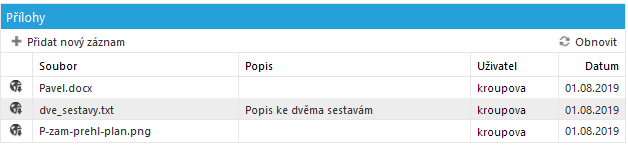 Přehled příloh požadavku. Přílohu zobrazíte po kliku na ikonu ve sloupci před