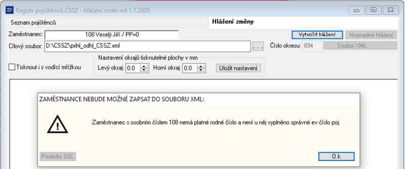 Soubor:Zamestnanec nema platne rodne cislo a neni vyplneno ev cislo poj-Nebude mozne zapsat do souboru xml.png